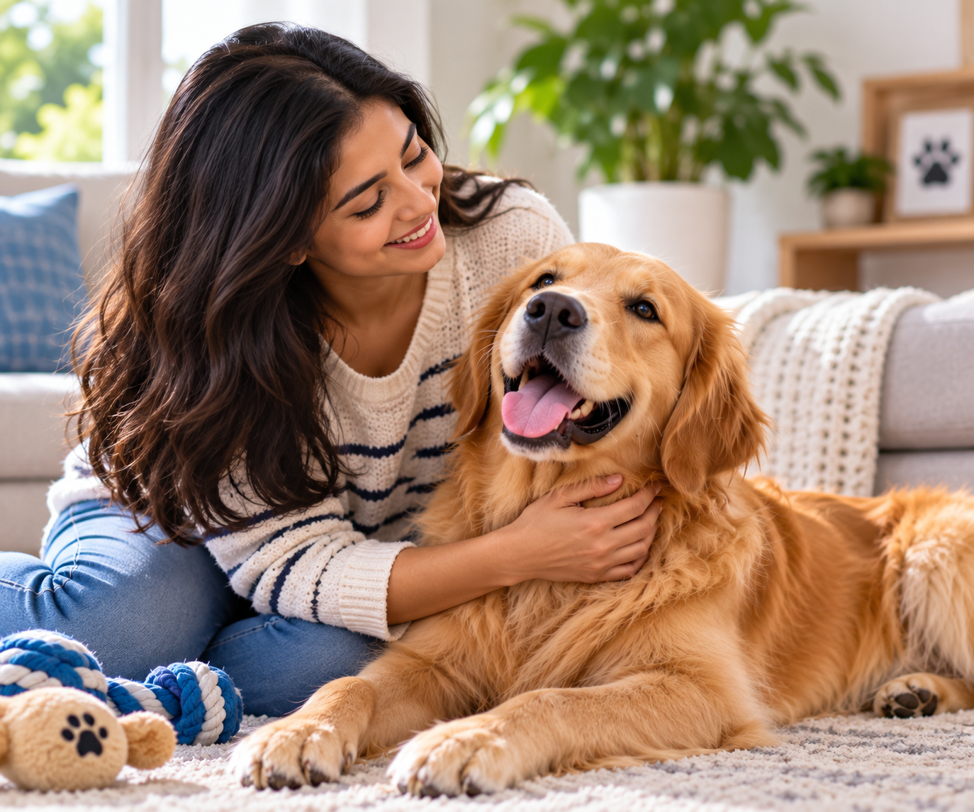 Pet owner interacting with a happy dog